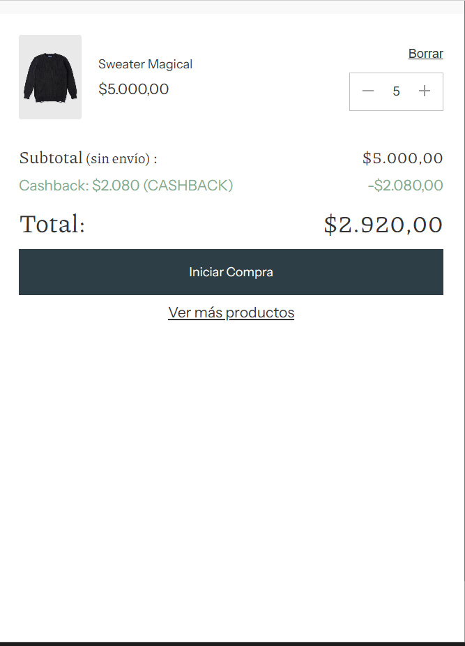 Checkout con cashback aplicado