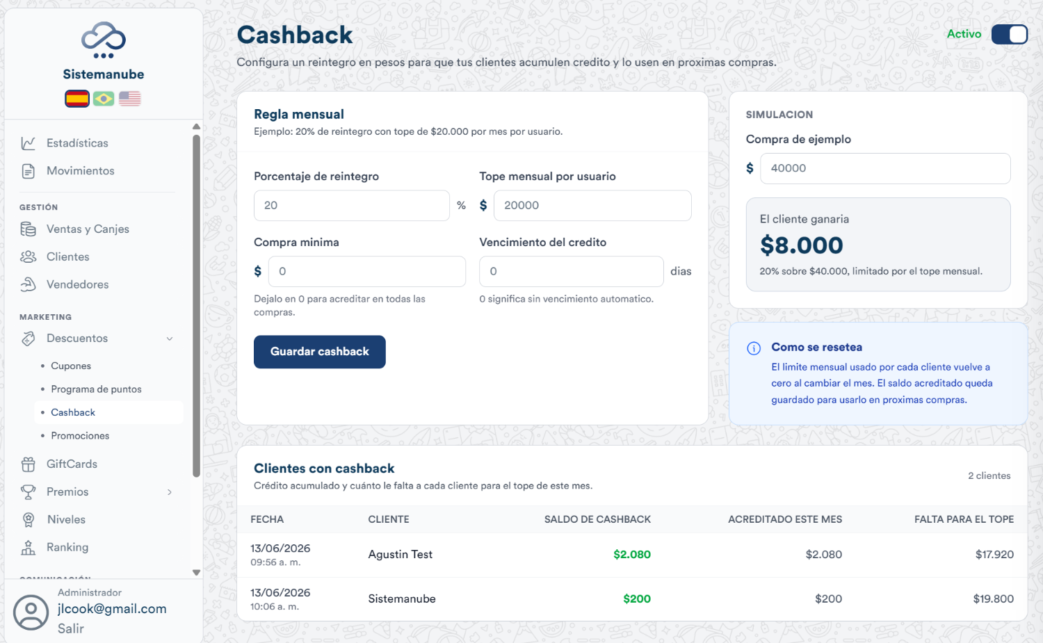Panel de configuración de Cashback en SistemaNube