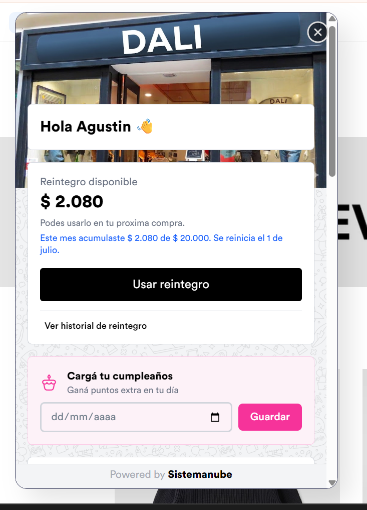 Pop-up de cashback que ve el cliente
