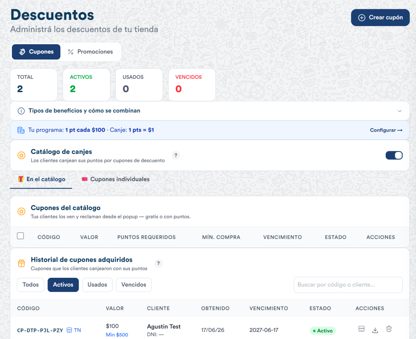 Panel de gestión de cupones en SistemaNube