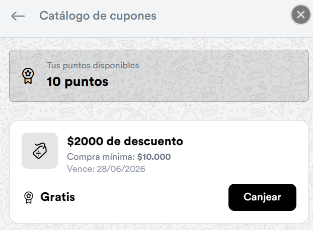 Catálogo de cupones en el pop-up del cliente
