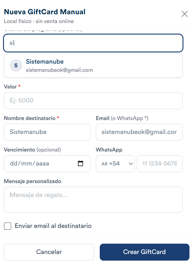 Crear una nueva GiftCard manual en SistemaNube
