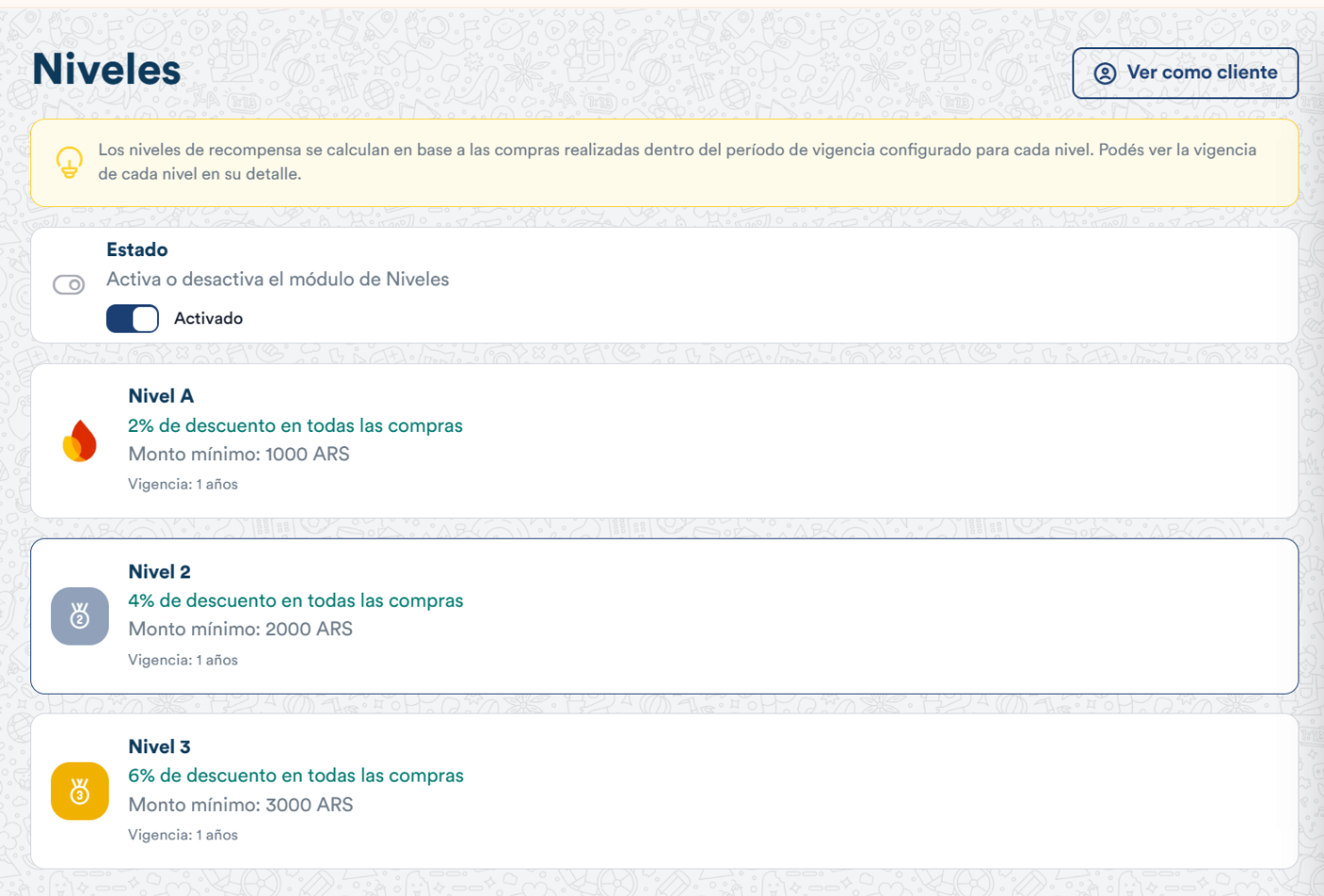 Panel de configuración de Niveles VIP en SistemaNube