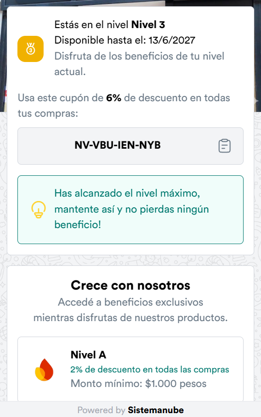 Pop-up que muestra el nivel del cliente