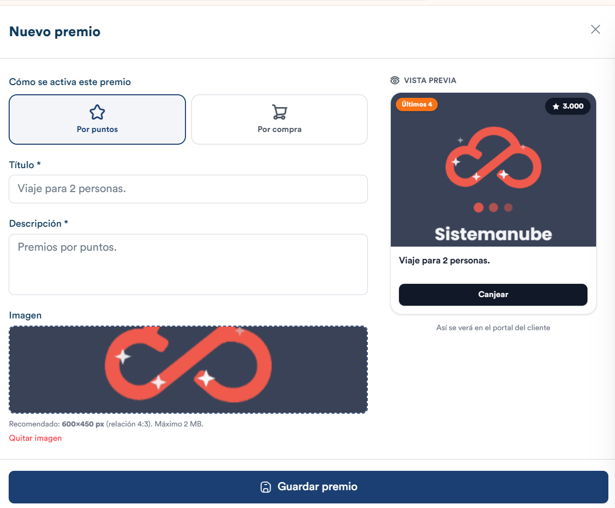 Crear un premio por puntos con vista previa
