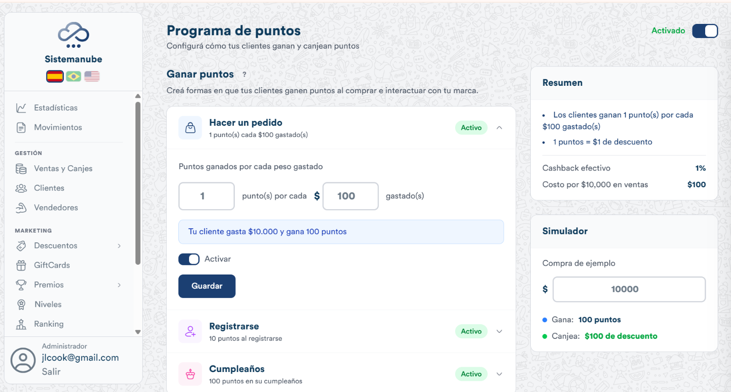Panel de configuración del Programa de puntos en SistemaNube