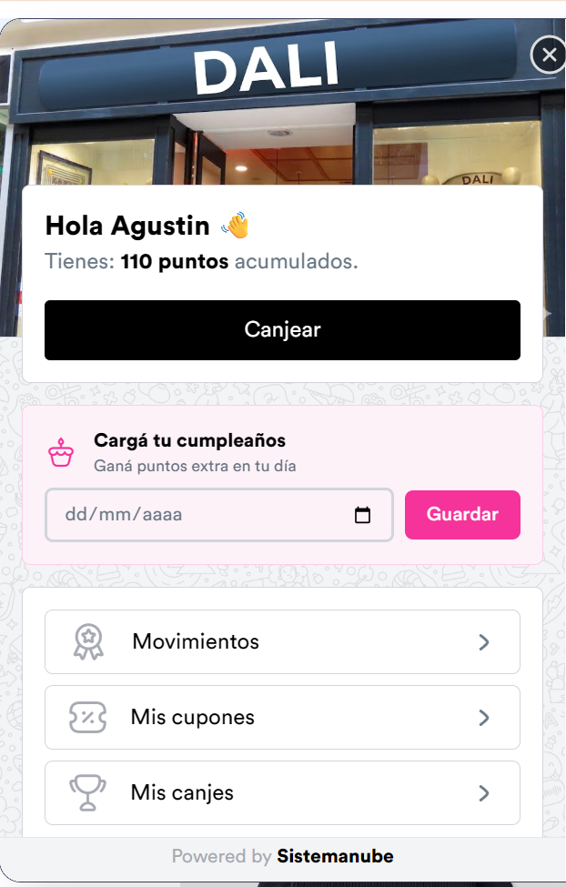 Pop-up del programa de puntos que ve el cliente